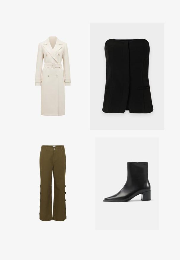 Cream-colored long double-breasted trench coat with wide lapels, matching belt, cuff straps, and side pockets, displayed on a white background.; Black, sleeveless top with a straight neckline, front placket, and two concealed side pockets. Smooth fabric with a tailored design.; Khaki green trousers with a straight leg design, featuring side buttons and a plain texture. Made of woven fabric, suitable for casual wear.; Black leather ankle boot with a pointed toe, smooth texture, and a mid-block heel. Minimalist design, zipper closure at the back.