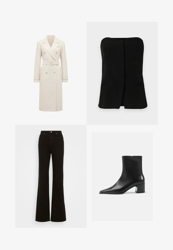 Kremo spalvos ilgas dvigubas švarkas su plačiais atlapais, derančiu diržu, rankogalių sagtimis ir šoninėmis kišenėmis, pristatytas baltame fone.; Juodas be rankovių topas su tiesia iškirpte, priekiniais mygtukais ir dviem paslėptomis šoninėmis kišenėmis. Lygaus audinio pritaikytas dizainas.; Juodos džinsinės kelnės su aukštu liemeniu, platėjančios, turinčios mygtuko užsegimą, šonines kišenes ir lygų paviršių.; Juodas odinis aulinukas iki kulkšnies su smailiu pirštu, lygiu paviršiumi ir vidutinio aukščio blokuotu kulnu. Minimalistinis dizainas, užtrauktukas gale.