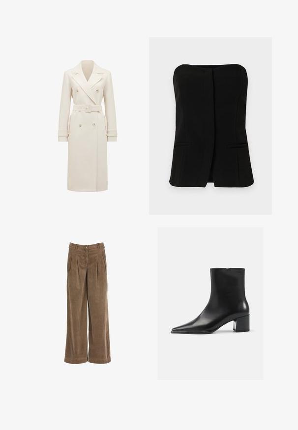 Lys cremefarvet lang dobbeltradet trenchcoat med brede revers, matchende bælte, manchetter og sidelommer, præsenteret på en hvid baggrund.; Sort, ærmeløs top med en lige halsudskæring, frontlukning og to skjulte sidelommer. Glat stof med en skræddersyet design.; Brune corduroy bukser med vide ben, for-pletter, en knaplukning og et struktureret stof. Har en høj talje og lige ben.; Sort læder ankelstøvle med spidse tæer, glat tekstur og mellemhøj blokhæl. Minimalistisk design, lynlås lukning bagpå.
