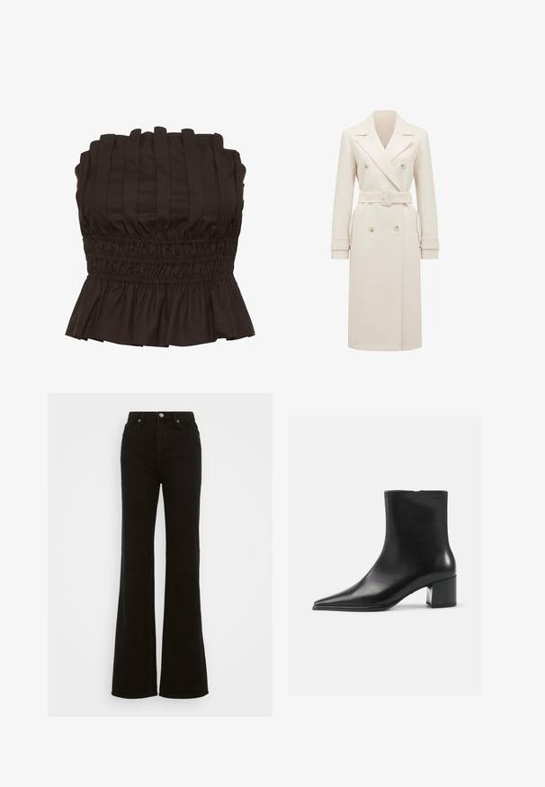 Trench coat lungo color crema, doppiopetto, con ampi rever, cintura coordinata, fasce ai polsini e tasche laterali, presentato su uno sfondo bianco.; Gestuz PAULINE - Top - dark brown; Jeans neri a vita alta e svasati, realizzati in denim, con chiusura a bottone, tasche laterali e una texture liscia.; Stivaletto in pelle nera con punta appuntita, texture liscia e tacco medio a blocco. Design minimalista, chiusura con zip sul retro.