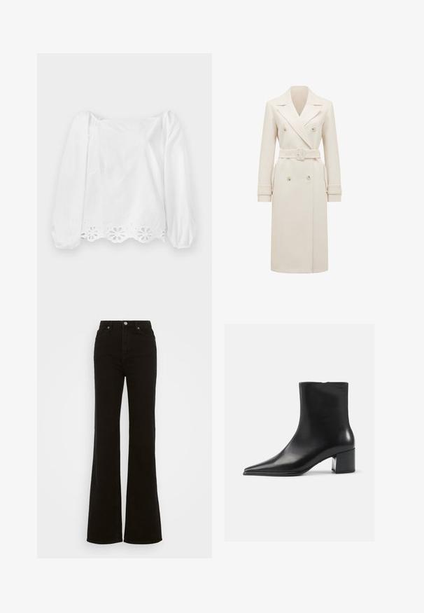 Lys cremefarvet lang dobbeltradet trenchcoat med brede revers, matchende bælte, manchetter og sidelommer, præsenteret på en hvid baggrund.; Hvid langærmet bluse med puffede ærmer og en scallop-kant. Har et udskåret blomstermønster langs den nederste kant og en let glans.; Høj talje sorte flare jeans lavet af denim, med knaplukning, sidelommer og en glat tekstur.; Sort læder ankelstøvle med spidse tæer, glat tekstur og mellemhøj blokhæl. Minimalistisk design, lynlås lukning bagpå.
