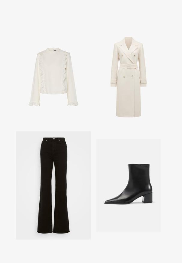 Crème-kleurige lange dubbelgebreide trenchcoat met brede revers, bijpassende riem, manchetbanden en zijzakken, weergegeven op een witte achtergrond.; Witte blouse met lange mouwen, voorzien van een hoge hals, gegolfde kantafwerking aan de voorkant en mouwen, en een gladde, gestructureerde stof.; Hoge taille zwarte flared jeans van denim, met een knoopsluiting, zijzakken en een gladde textuur.; Zwarte leren enkellaars met een spitse neus, een soepele textuur en een middenblokhak. Minimalistisch ontwerp, ritssluiting aan de achterkant.