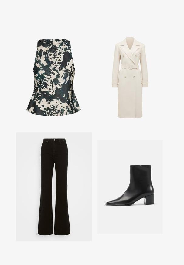 Crème-kleurige lange dubbelgebreide trenchcoat met brede revers, bijpassende riem, manchetbanden en zijzakken, weergegeven op een witte achtergrond.; Gestuz CERI - Blouse - green ox; Hoge taille zwarte flared jeans van denim, met een knoopsluiting, zijzakken en een gladde textuur.; Zwarte leren enkellaars met een spitse neus, een soepele textuur en een middenblokhak. Minimalistisch ontwerp, ritssluiting aan de achterkant.