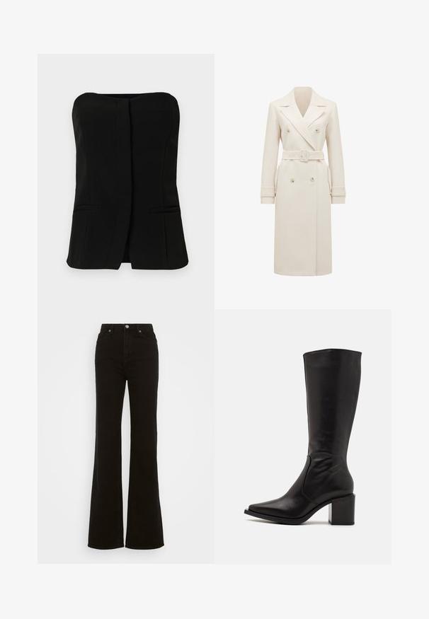 Trench coat lungo color crema, doppiopetto, con ampi rever, cintura coordinata, fasce ai polsini e tasche laterali, presentato su uno sfondo bianco.; Top nero senza maniche con scollatura diritta, patta frontale e due tasche laterali nascoste. Tessuto liscio con un design su misura.; Jeans neri a vita alta e svasati, realizzati in denim, con chiusura a bottone, tasche laterali e una texture liscia.; Zign LEATHER - Stivali alti - black