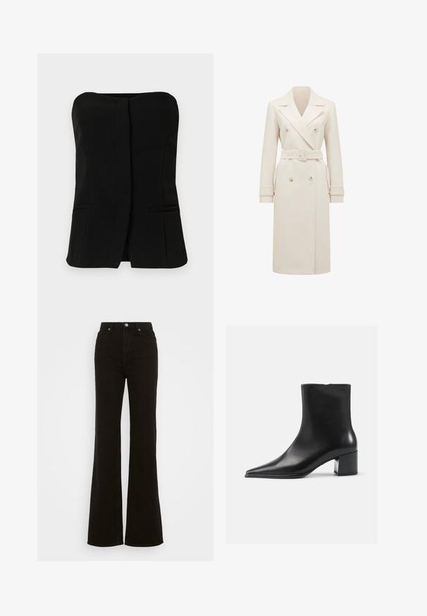 Kremfarget lang dobbeltradet trenchcoat med brede revers, matchende belte, mansjettriemmer og sidelommer, vist på hvit bakgrunn.; Svart, ermeløs topp med rett utringning, fremre klaff og to skjulte sidelommer. Glatt stoff med skreddersydd design.; Høyt liv svarte utsvingte jeans laget av denim, med knappelukking, sidelommer og en glatt tekstur.; Svart lær ankelstøvel med spiss tå, glatt tekstur og middels blokkhel. Minimalistisk design, glidelås bak.