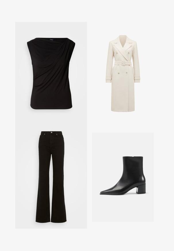 Beige-farbener, langer Doppelreiher-Trenchcoat mit breiten Revers, passendem Gürtel, Riegelan einem Ärmel und seitlichen Taschen, auf einem weißen Hintergrund präsentiert.; Schwarzes ärmelloses Oberteil mit drapiertem Stoff auf der Vorderseite, weicher Textur und lockerem Schnitt. Hergestellt aus dehnbarem Material mit glatter Oberfläche.; Hoch taillierte schwarze Schlagjeans aus Denim, mit Knopfverschluss, seitlichen Taschen und glatter Textur.; Schwarze Lederschnürstiefelette mit spitzer Zehenform, glatter Textur und mittelhohem Blockabsatz. Minimalistisches Design, Reißverschluss hinten.