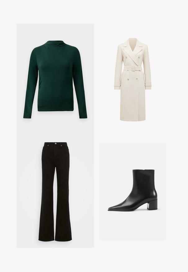 Beige-farbener, langer Doppelreiher-Trenchcoat mit breiten Revers, passendem Gürtel, Riegelan einem Ärmel und seitlichen Taschen, auf einem weißen Hintergrund präsentiert.; Dunkelgrünes, langärmliges, leichtes Oberteil mit Stehkragen und figurbetontem Schnitt vor einem schlichten hellen Hintergrund.; Hoch taillierte schwarze Schlagjeans aus Denim, mit Knopfverschluss, seitlichen Taschen und glatter Textur.; Schwarze Lederschnürstiefelette mit spitzer Zehenform, glatter Textur und mittelhohem Blockabsatz. Minimalistisches Design, Reißverschluss hinten.