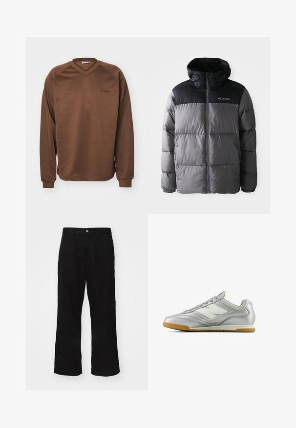 Giacca a vento in grigio e nero con colletto alto, design trapuntato, chiusura a zip frontale, cappuccio regolabile e logo Columbia sul petto.; Felpa marrone con design a scollo a V, maniche lunghe a raglan e polsini a coste. Presenta un logo ricamato discreto sul petto. Texture liscia.; Pantaloni neri a gamba larga realizzati in tessuto misto cotone, con chiusura a bottone e taglio dritto con cuciture minime visibili.; Scarpa sportiva argentata con una superficie liscia e lucida, logo bianco di lato, lacci grigi con texture e suola in gomma.
