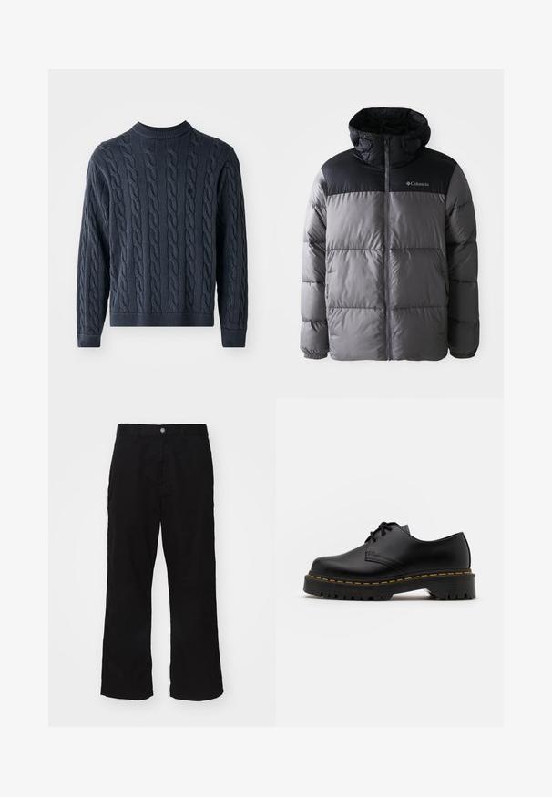 Puffer jacket in grey and black with a high collar, quilted design, zip front, adjustable hood, and Columbia logo on the chest.; Navy blue knitted sweater featuring a cable pattern, crew neck, and ribbed cuffs and hem. Made of textured fabric for warmth.; Black wide-leg pants made from cotton blend fabric, featuring a button closure and straight cut with minimal visible stitching.; Black leather lace-up shoe with a rounded toe, textured rubber sole, and yellow stitching around the base. Flat design and smooth finish.