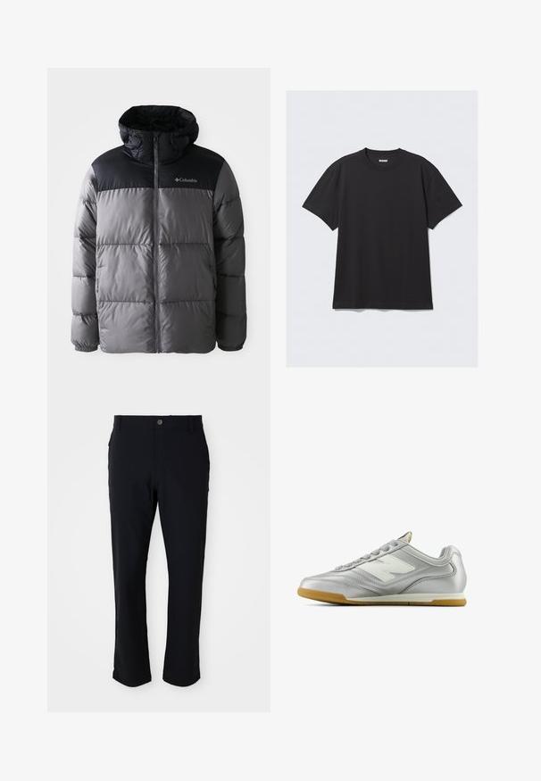 Doudoune grise et noire avec un col haut, un design matelassé, une fermeture éclair à l'avant, une capuche ajustable et le logo Columbia sur la poitrine.; T-shirt noir à manches courtes en coton. Il présente un col rond et une coupe décontractée. Design simple sans motifs ni accents visibles.; Pantalon noir avec fermeture à bouton, coupe droite, texture lisse et poches latérales, adapté à diverses occasions.; Chaussure de sport argentée avec une surface lisse et brillante, logo blanc sur le côté, lacets gris texturés et semelle en caoutchouc gomme.