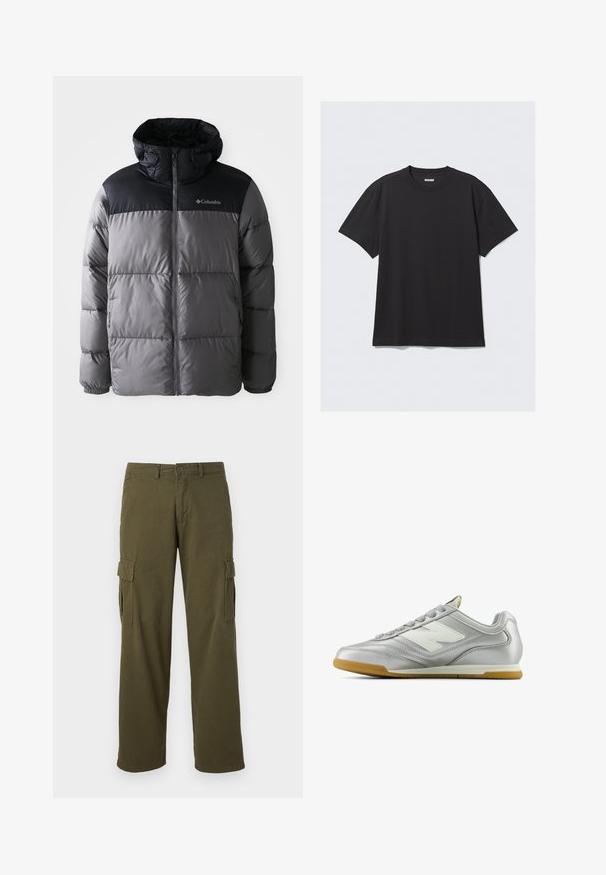 Puffer jacket in grey and black with a high collar, quilted design, zip front, adjustable hood, and Columbia logo on the chest.; Black short-sleeve t-shirt made of cotton. Features a crew neckline and a relaxed fit. Simple design with no patterns or accents visible.; Olive green cargo pants with a straight leg design, featuring side pockets, button closure, and durable fabric texture.; Silver athletic shoe with a smooth, shiny surface, white logo on the side, textured gray laces, and a gum rubber sole.
