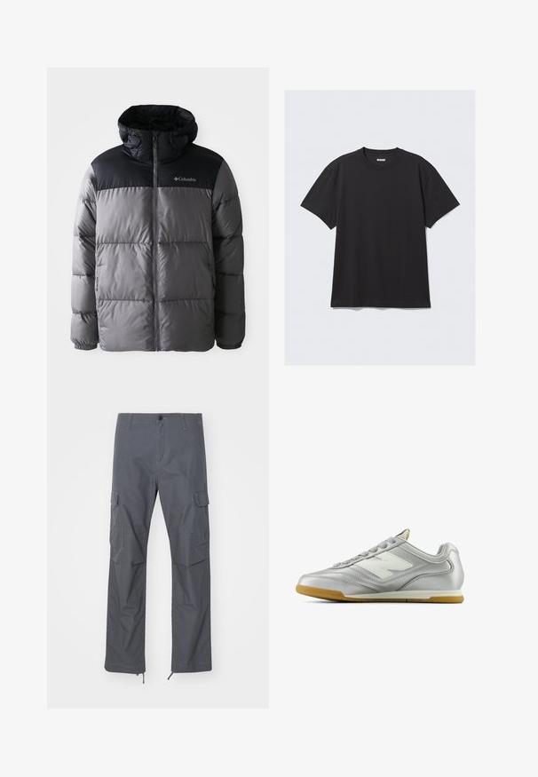 Puhasta jakna u sivoj i crnoj boji s visokim ovratnikom, kvadratnim dizajnom, prednjim zatvaračem, podesivom kapuljačom i Columbia logotipom na prsima.; Crna majica kratkih rukava od pamuka. Ima okrugli izrez i opušteni kroj. Jednostavan dizajn bez vidljivih uzoraka ili akcentskih detalja.; Sive cargo hlače ravnog kroja, s višestrukim džepovima, zatvaranjem na dugmad i podesivim manžetama na rubu. Izrađene od izdržljive, lagane tkanine.; Srebrna atletska cipela s glatkom, sjajnom površinom, bijelim logotipom sa strane, teksturiranim sivim vezicama i gumiranim potplatom.
