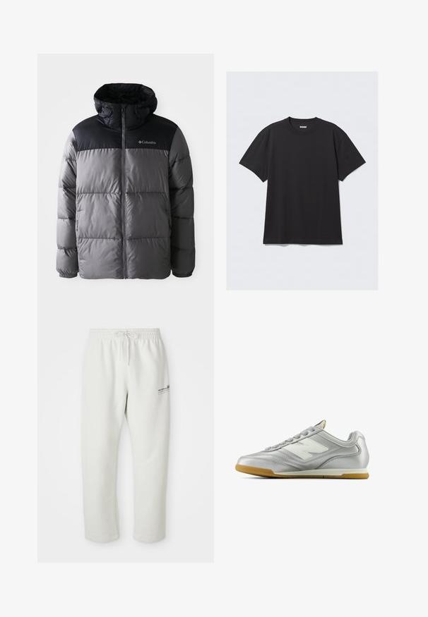 Pufīgais mētelis pelēkā un melnā krāsā ar augstu apkakli, izšūtu dizainu, ar rāvējslēdzēju priekšpusē, regulējamu kapuci un Columbia logo uz krūtīm.; Melnas īsām piedurknēm t-krekls, kas izgatavots no kokvilnas. Tam ir apaļa kakla izgriezne un brīva piegriezuma siluets. Vienkāršs dizains bez rakstiem vai akcentiem.; Gai pelēki sporta bikses, kas izgatavotas no mīksta auduma, ar elastīgu jostu un auklu, kā arī nelielu logotipa detaļu kreisajā augšstilbā.; Sudraba sporta apavi ar gludu, spīdīgu virsmu, balto logo sānos, teksturētām pelēkajām šņorēm un gumijas zoli.