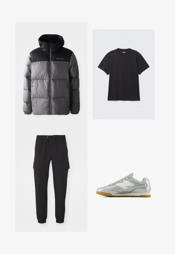 Szürke és fekete színű puffermellény, magas gallérral, steppelt dizájnnal, cipzáros előlappal, állítható kapucnival és Columbia logóval a mellkason.; Fekete, rövid ujjú póló, pamutból készült. Kerek nyakkivágással és laza szabással rendelkezik. Egyszerű dizájn, melyen nincsenek minták vagy díszítések.; Fekete cargo nadrág rugalmas derékkal, húzózsinórral és két oldalzsebel. Könnyű anyagból készült, szűkült szárakkal.; Ezüst sportcipő sima, fényes felülettel, fehér logóval az oldalon, texturált szürke fűzőkkel és rágógumi talppal.