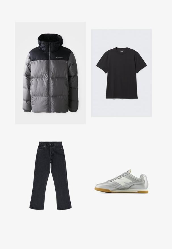 Kurtka puchowa w kolorze szarym i czarnym, z wysokim kołnierzem, pikowanym wzorem, zamkiem z przodu, regulowanym kapturem oraz logo Columbia na piersi.; Czarna koszulka z krótkim rękawem wykonana z bawełny. Posiada okrągły dekolt i luźny krój. Prosty design, bez widocznych wzorów czy akcentów.; Czarne dżinsy o wysokim stanie, szerokich nogawkach, pięciopocketowym fasonie i miedzianych detalach. Posiadają subtelne detale przeszycia.; Srebrny but sportowy o gładkiej, błyszczącej powierzchni, z białym logo z boku, teksturowanymi szarymi sznurówkami i podeszwą z gumy.