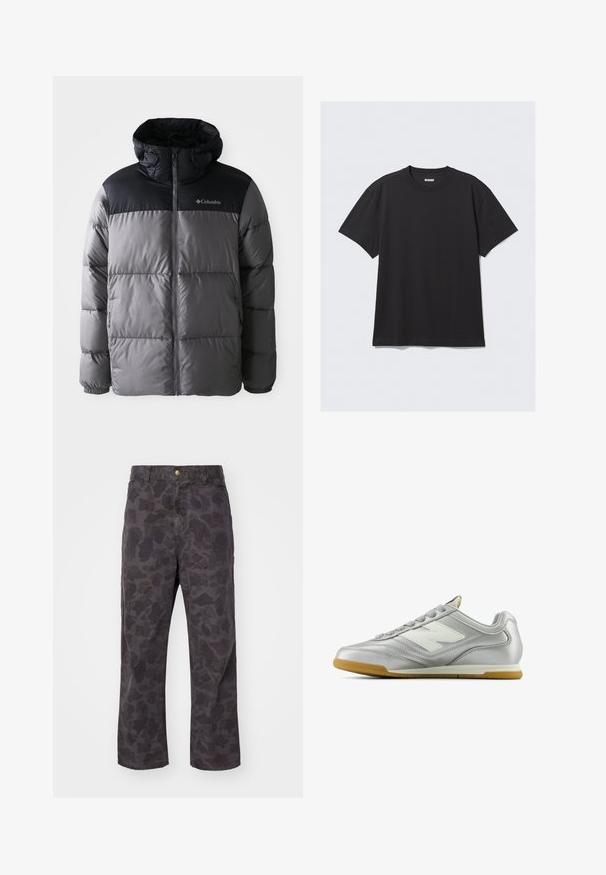Puffer jacket in grey and black with a high collar, quilted design, zip front, adjustable hood, and Columbia logo on the chest.; Black short-sleeve t-shirt made of cotton. Features a crew neckline and a relaxed fit. Simple design with no patterns or accents visible.; Carhartt WIP DUCK SINGLE KNEE PANT - Trousers - green/graphite garment dyed; Silver athletic shoe with a smooth, shiny surface, white logo on the side, textured gray laces, and a gum rubber sole.