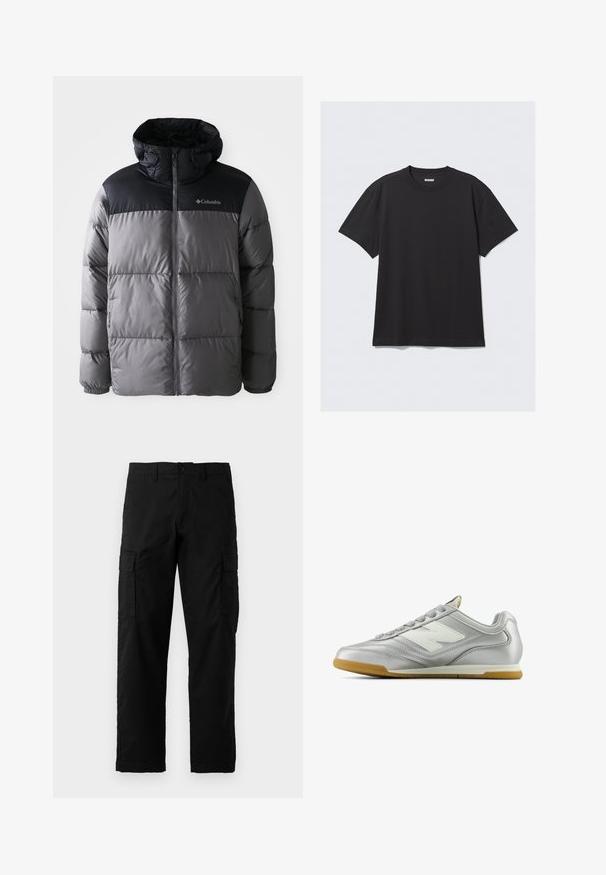 Jachetă puffer în gri și negru, cu guler înalt, design matlasat, fermoar frontal, glugă ajustabilă și logo Columbia pe piept.; Tricou negru cu mânecă scurtă, din bumbac. Are un decolteu tip crew și o croială lejeră. Design simplu, fără modele sau accente vizibile.; Pantaloni cargo negri, confecționați dintr-un material durabil, cu buzunare laterale, tăiere dreaptă și închidere cu nasture la talie.; Cămașă sport argintie cu o suprafață netedă și strălucitoare, logo alb pe lateral, șireturi texturate gri și talpă din cauciuc de gumă.