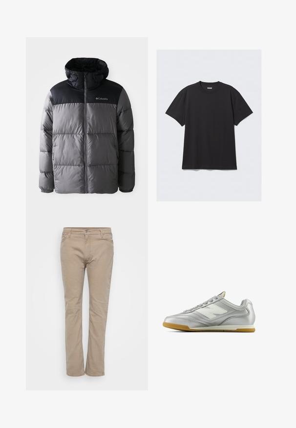 Puffer bunda v šedé a černé barvě s vysokým límcem, prošívaným designem, zipem vpředu, nastavitelnou kapucí a logem Columbia na hrudi.; Černé krátké tričko s krátkým rukávem vyrobené z bavlny. Má kulatý výstřih a volný střih. Jednoduchý design bez viditelných vzorů nebo akcentů.; Béžové bavlněné kalhoty se rovnými nohavicemi, se zapínáním na zip, poutky na opasek a jemnými švy. Hladká textura po celém povrchu.; Stříbrná sportovní obuv s hladkým, lesklým povrchem, bílým logem na boku, texturovanými šedými tkaničkami a podešví z gumové pryže.