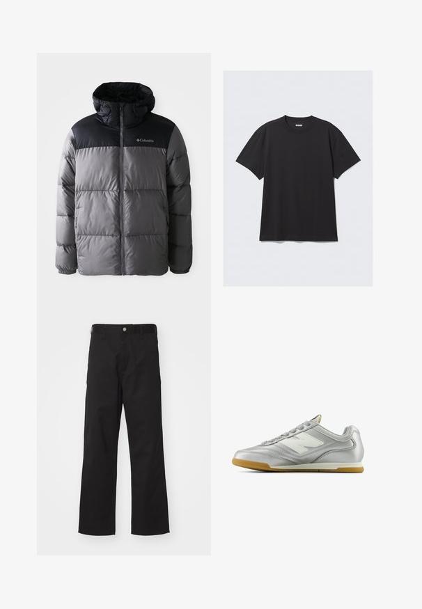 Grau und schwarz gepufferte Jacke mit hohem Kragen, gestepptem Design, Reißverschluss vorne, verstellbarer Kapuze und Columbia-Logo auf der Brust.; Schwarzes T-Shirt mit kurzen Ärmeln aus Baumwolle. Hat einen Rundhalsausschnitt und eine lockere Passform. Einfaches Design ohne sichtbare Muster oder Akzente.; Schwarze Hose aus strapazierfähigem Material mit geradem Schnitt, ausgestattet mit einem vorderen Knopfverschluss, Gürtelschlaufen und ohne sichtbare Muster oder Akzente.; Silberner Sportschuh mit einer glatten, glänzenden Oberfläche, weißem Logo an der Seite, strukturierten grauen Schnürsenkeln und einer Sohle aus Gummi.