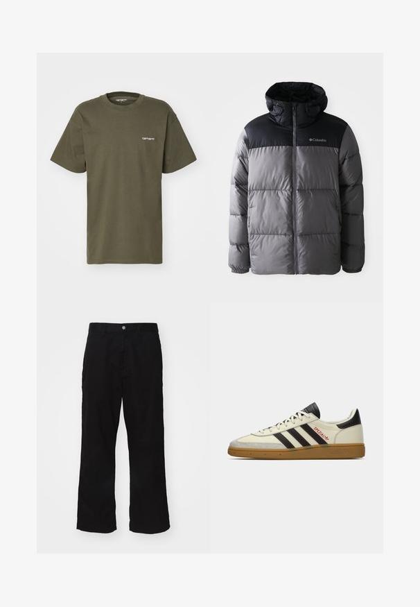 Hallhäädine hallis ja mustas värvitoonis, millel on kõrge krae, tikitud disain, lukuga esiosa, reguleeritav kapuuts ja Columbia logo rinnal.; Oliivroheline lühikeste varrukatega T-särk, mis on valmistatud puuvillast, ja millel on ümar kaelus ning väike valge logo trükituna vasaku rinna peal.; Mustad laiad mustad püksid, mis on valmistatud puuvilla segust, esitavad nupu sulgemise ja otsekärpe, minimaalselt nähtava õmblusega.; Kreemja ja must Adidas Spezial sportlane, kummist tallaga, mustade triipudega, punaste õmblustega ja "Spezial" brändinguga küljel.