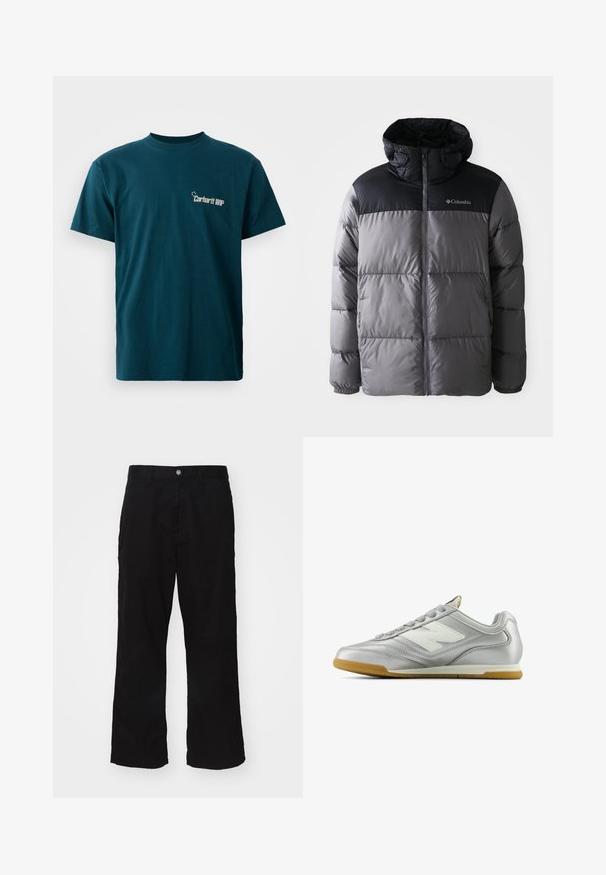 Szürke és fekete színű puffermellény, magas gallérral, steppelt dizájnnal, cipzáros előlappal, állítható kapucnival és Columbia logóval a mellkason.; Teal színű, rövid ujjú pamut póló kerek nyakkivágással. Elöl fehér színű "Carhartt WIP" grafikai nyomat található.; Fekete, bő szárú nadrág, pamut keverék anyagból készült, gombos záródással és egyenes szabással, minimális látható varrással.; Ezüst sportcipő sima, fényes felülettel, fehér logóval az oldalon, texturált szürke fűzőkkel és rágógumi talppal.