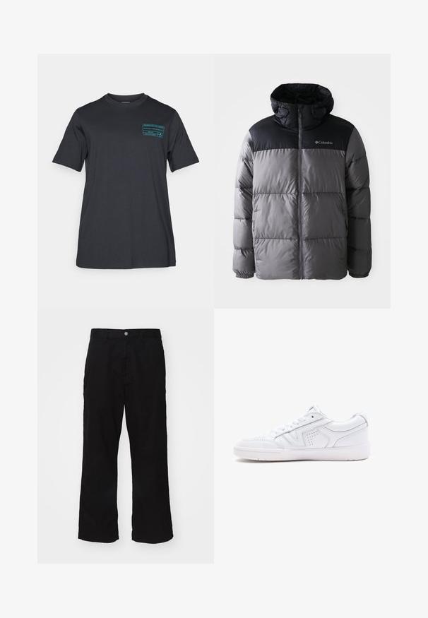 Szürke és fekete színű puffermellény, magas gallérral, steppelt dizájnnal, cipzáros előlappal, állítható kapucnival és Columbia logóval a mellkason.; Fekete pamut póló rövid ujjakkal és kerek nyakkivágással. A bal mellrészen mentazöld grafikus nyomtatás található. Egyszerű, hétköznapi dizájn.; Fekete, bő szárú nadrág, pamut keverék anyagból készült, gombos záródással és egyenes szabással, minimális látható varrással.; Fehér bőr sportcipő, alacsony tervezéssel, kerek orral, perforált részletekkel és texturált talppal. Fűzős és diszkrét varrásokkal kiegészítve.