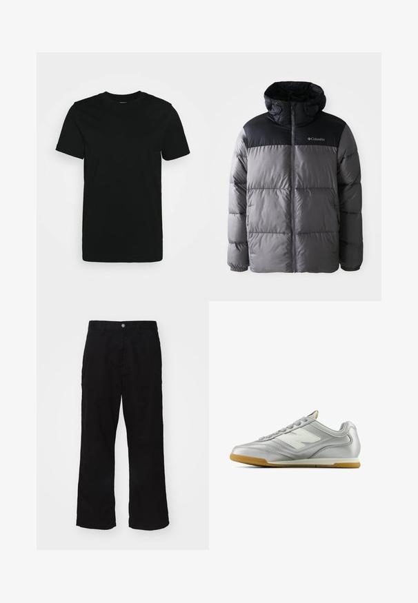 Grijze en zwarte pufferjack met een hoge kraag, doorgestikt ontwerp, ritssluiting aan de voorkant, een verstelbare capuchon en het Columbia-logo op de borst.; Zwarte T-shirt met korte mouwen van glad katoen, met een ronde halslijn en een eenvoudig ontwerp zonder patronen of accenten.; Zwarte wijde broek gemaakt van een katoenmix, met een knoopsluiting en een recht model met minimaal zichtbare stiksels.; Zilveren sportschoen met een gladde, glanzende oppervlak, wit logo aan de zijkant, gestructureerde grijzige veters en een gumrubberen zool.