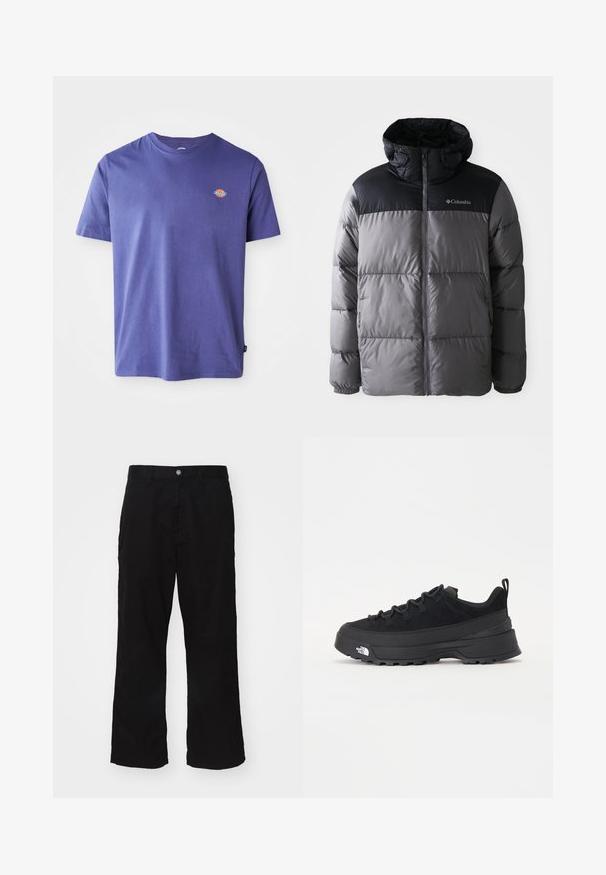 Casaco puffer em cinza e preto com colarinho alto, design acolchoado, fecho de zíper frontal, capuz ajustável e logo da Columbia no peito.; T-shirt de algodão roxo com decote redondo e mangas curtas. Apresenta um pequeno logotipo no peito. Textura suave, ajuste casual.; Calças largas pretas feitas de uma mistura de algodão, apresentando um fecho de botão e corte reto com costuras mínimas visíveis.; Sapatilha de exterior preta com parte superior em camurça, sola de borracha texturizada e sistema de atacadores robusto. Apresenta um calcanhar reforçado e o logótipo da marca na lateral.