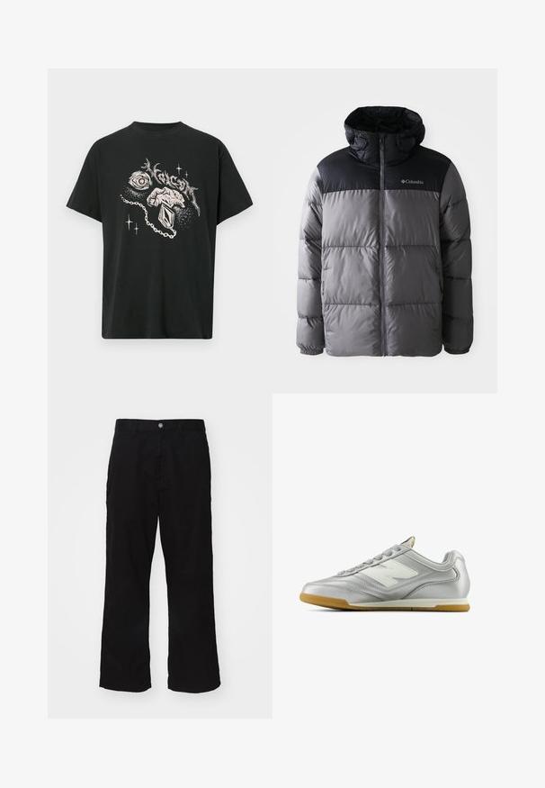 Puffer jacket in grey and black with a high collar, quilted design, zip front, adjustable hood, and Columbia logo on the chest.; Black t-shirt with white graphic of an eye, a hand holding a pendant, abstract shapes, and stylized text above.; Black wide-leg pants made from cotton blend fabric, featuring a button closure and straight cut with minimal visible stitching.; Silver athletic shoe with a smooth, shiny surface, white logo on the side, textured gray laces, and a gum rubber sole.