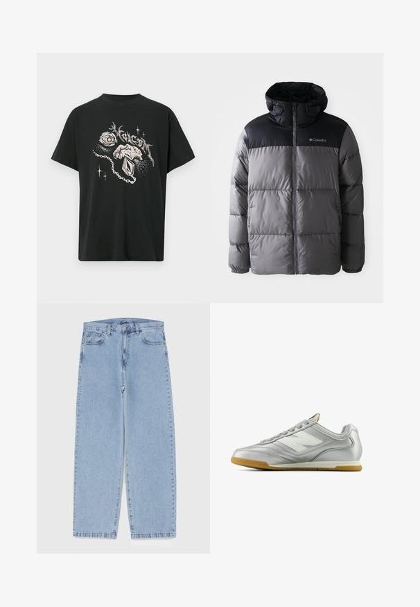 Jachetă puffer în gri și negru, cu guler înalt, design matlasat, fermoar frontal, glugă ajustabilă și logo Columbia pe piept.; Tricou negru cu grafică albă care reprezintă un ochi, o mână care ține un pandantiv, forme abstracte și text stilizat deasupra.; Jeans din denim de culoare albastru deschis, cu un design cu picioare drepte, având talie medie, cinci buzunare și un sistem de închidere cu nasture și fermoar.; Cămașă sport argintie cu o suprafață netedă și strălucitoare, logo alb pe lateral, șireturi texturate gri și talpă din cauciuc de gumă.