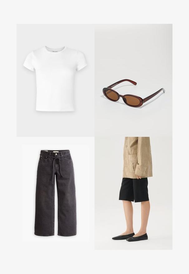 Oliven grønn bomberjakke med glidelås foran, ribbestrikkede mansjetter og nederkant, samt skrå sidelommer med trykknapp. Glatt, glinsende tekstur.; Hvit kortermet t-skjorte laget av mykt stoff med rund halsdesign og glatt tekstur. Enkel og minimalistisk stil uten mønstre.; Sorte vide benklær laget av denim, med strikk i livet, fem lommer og kontrasterende sømdetaljer. Flat front.; Beige suedjakke med store lommer, parret med svarte skreddersydde shorts og svarte flate sko. Shortsene har en rå kniplingskant.; Runde, brune solbriller med en blank burgunderfarvet ramme. Slanke arme med subtile brandingdetaljer. Flad linse design.