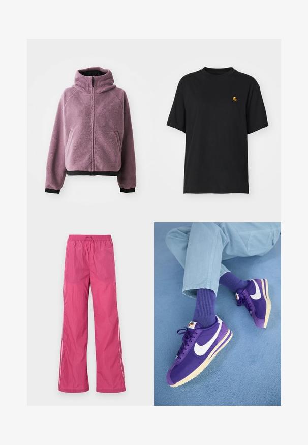 Puha lila fleece dzseki, kapucnival, cipzáros elejével, fekete bordázott mandzsettákkal és szegéllyel. Oldalsó zsebekkel a tároláshoz.; Fekete pamut póló laza szabással. Kerek nyakkal és rövid ujjakkal rendelkezik. A mellkason egy kis arany hímzett logó található.; Rózsaszín, könnyű nadrág, állítható derekú, széles lábú dizájnnal és fehér oldalsávokkal. Simább textúra, alkalmas mindennapi viseletre.; Nike Sportswear CORTEZ - Sportcipő - field purple/summit white/alabaster