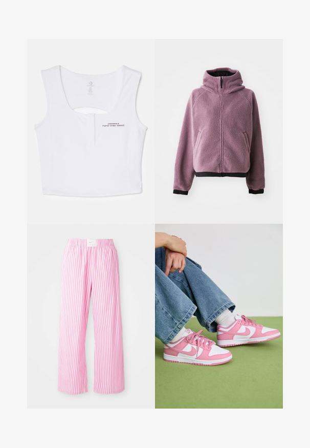 Giacca in fleece di un morbido lilla, con cappuccio, chiusura frontale con cerniera e polsini e orlo a costine neri. Include tasche laterali per riporre gli oggetti.; Top corto bianco realizzato in un materiale misto cotone. Presenta un'apertura a forma di chiave sul retro e dettagli del logo stampato in nero sulla parte anteriore.; Pantaloni a righe rosa e bianche con una vita elastica. Realizzati in materiale leggero, presentano un design rilassato e a gamba larga.; Sneakers Nike rosa e bianchi realizzati in pelle e materiale a rete, caratterizzati da design contrastanti, punta tonda e lacci e dettagli rosa coordinati.