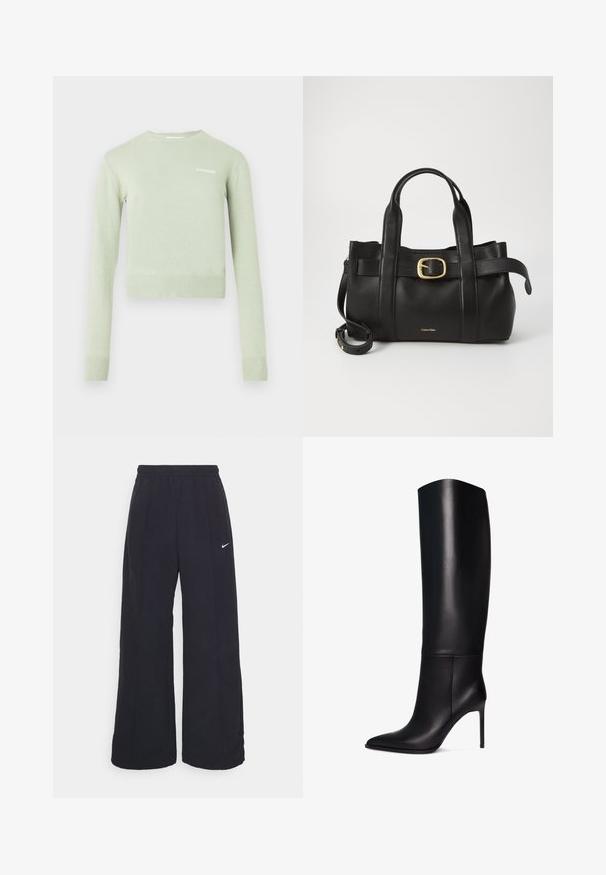 Black leather jacket with a high collar, zip closure, and fitted design. Features sleek, panelled seams and a smooth, shiny texture.; Light green pullover sweater, featuring a ribbed neckline and cuffs. Short, fitted design with a small white logo on the chest.; Sleeveless light green top made of smooth fabric, featuring a high neck and a fitted silhouette. No visible hardware or patterns.; Black wide-leg pants with an elastic waistband and a small white Nike logo. Fabric has a smooth texture, designed for comfort and casual wear.; Knee-high black leather stiletto boot with pointed toe. Smooth texture, structured design, and a slim high heel. No visible hardware or patterns.; Black leather handbag featuring a structured design, dual top handles, gold-tone buckle accent, and embossed brand logo at the front.