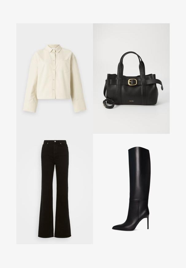 Černá kožená bunda s vysokým límcem, zipovým zapínáním a přiléhavým střihem. Obsahuje elegantní švy a hladkou, lesklou texturu.; Zkrácená, světlobéžová košile z bavlny, s špičatým límcem, předním zapínáním na knoflíky a jednou náprsní kapsou s jemným logem.; Černé riflové džíny se zvýšeným pasem a rozšířenými nohavicemi, vyrobené z denimu, s knoflíkovým zapínáním, bočními kapsami a hladkým povrchem.; Kozačky z černé kůže s vysokým podpatkem, sahající po kolena, s špičatou špičkou. Hladký povrch, strukturovaný design a úzký vysoký podpatek. Bez viditelného kování či vzorů.; Černá kožená kabelka s upraveným designem, dvojitými vrchními madly, pozlaceným přezkovým akcentem a vyraženým logem značky na přední straně.
