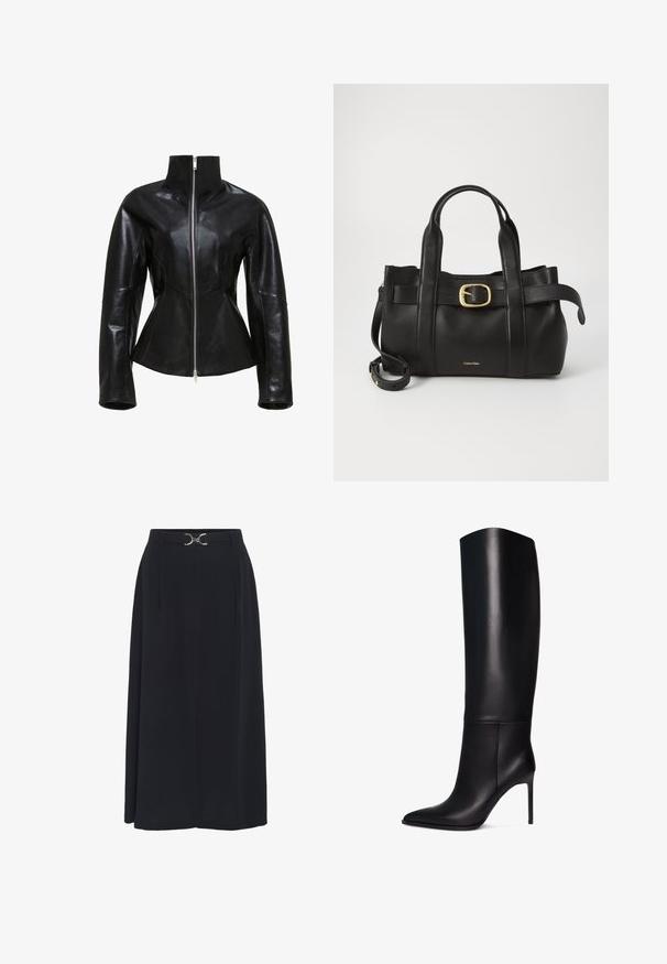 Schwarze Lederjacke mit hohem Kragen, Reißverschluss und figurbetontem Design. Verfügt über elegante, genähte Nähte und eine glatte, glänzende Textur.; Ärmelloses, hellgrünes Oberteil aus glattem Stoff, mit hohem Kragen und taillierter Silhouette. Keine sichtbaren Beschläge oder Muster.; Schwarzer, knielanger Rock aus glattem Stoff, mit einem hohen Bund, der eine silberfarbene Schnalle und Falten für zusätzliche Dimensionen aufweist.; Knöchelhohe schwarze Leder-Stiletto-Stiefel mit spitzem Zeh. Glatte Textur, strukturiertes Design und schmaler hoher Absatz. Keine sichtbaren Beschläge oder Muster.; Schwarze Lederhandtasche mit strukturiertem Design, doppelten oberen Griffen, goldfarbenem Schnallenakzent und geprägtem Markenlogo auf der Vorderseite.