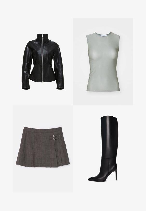 Schwarze Lederjacke mit hohem Kragen, Reißverschluss und figurbetontem Design. Verfügt über elegante, genähte Nähte und eine glatte, glänzende Textur.; Ärmelloses, hellgrünes Oberteil aus glattem Stoff, mit hohem Kragen und taillierter Silhouette. Keine sichtbaren Beschläge oder Muster.; The Kooples JUPE - Minirock - brown; Knöchelhohe schwarze Leder-Stiletto-Stiefel mit spitzem Zeh. Glatte Textur, strukturiertes Design und schmaler hoher Absatz. Keine sichtbaren Beschläge oder Muster.