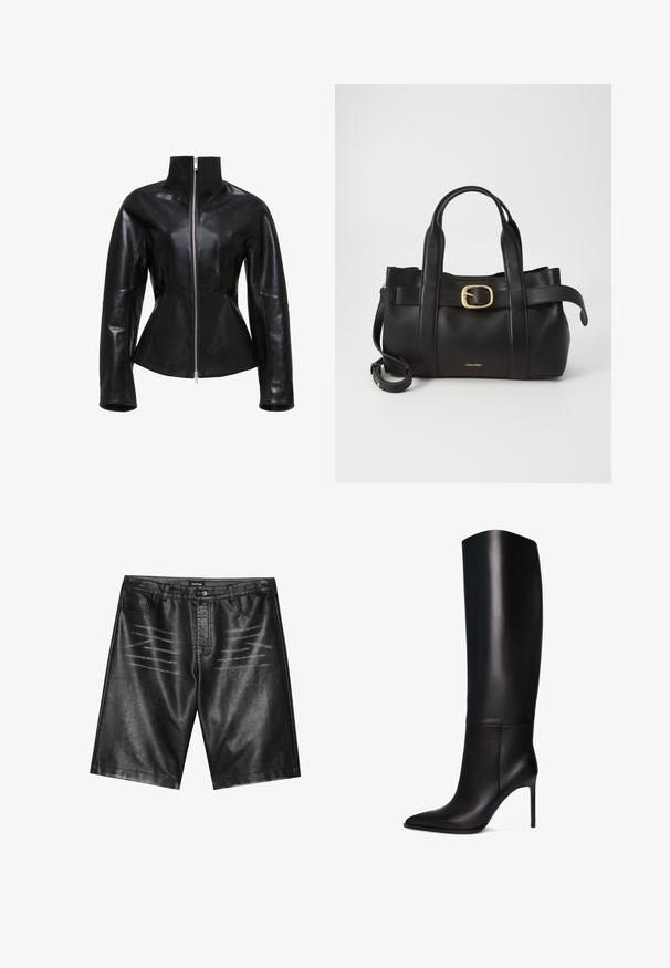 Fekete bőrdzseki magas gallérral, cipzárral és testhezálló fazonnal. Csíkos varrásokkal és sima, fényes textúrával rendelkezik.; Ujjatlan, világoszöld top, sima anyagból készült, magas nyakkal és testhez simuló szabással. Nincsenek látható fémrészek vagy minták.; Fekete műbőr rövidnadrág, sima textúrával, öt zsebbel és finom csíkos részletezéssel az elején. Klasszikus egyenes szabású dizájn.; Térdizó fekete bőr stiletto csizma hegyes orral. Sima felület, strukturált dizájn és vékony magas sarkú. Nincs látható fémrész vagy minta.; Fekete bőr kézitáska, amely strukturált kialakítással rendelkezik, dupla felső fogantyúval, arany tónusú csattal és a márka dombornyomott logójával az elején.
