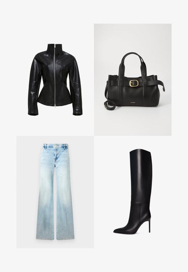 Chaqueta de cuero negra con un alto cuello, cierre de cremallera y diseño ajustado. Presenta costuras paneladas elegantes y una textura suave y brillante.; Top sin mangas de color verde claro, hecho de una tela suave, con cuello alto y una silueta ajustada. Sin herrajes ni patrones visibles.; Jeans acampanados de color azul claro, confeccionados en denim. Presentan un lavado desvaído, bolsillos estándar y un cierre de botón en la cintura.; Bota de tacón stiletto negra de cuero hasta la rodilla con puntera puntiaguda. Textura suave, diseño estructurado y un tacón alto y delgado. Sin herrajes ni patrones visibles.; Bolso de cuero negro con un diseño estructurado, doble mango superior, detalle de hebilla en tono dorado y logo de la marca grabado en la parte frontal.