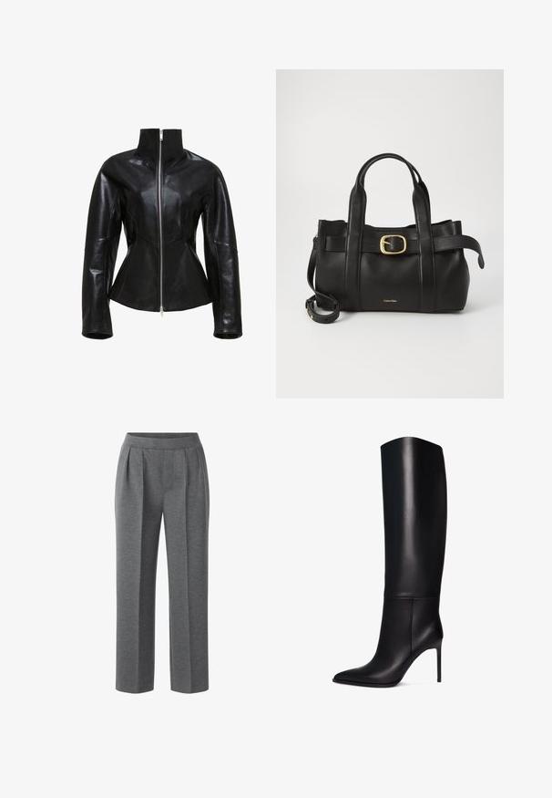 Schwarze Lederjacke mit hohem Kragen, Reißverschluss und figurbetontem Design. Verfügt über elegante, genähte Nähte und eine glatte, glänzende Textur.; Ärmelloses, hellgrünes Oberteil aus glattem Stoff, mit hohem Kragen und taillierter Silhouette. Keine sichtbaren Beschläge oder Muster.; Graue, plissee Hosen aus weichem Stoff. Mit flachem Bund und weitem Bein für eine bequeme Passform. Keine sichtbaren Beschläge oder Akzente.; Knöchelhohe schwarze Leder-Stiletto-Stiefel mit spitzem Zeh. Glatte Textur, strukturiertes Design und schmaler hoher Absatz. Keine sichtbaren Beschläge oder Muster.; Schwarze Lederhandtasche mit strukturiertem Design, doppelten oberen Griffen, goldfarbenem Schnallenakzent und geprägtem Markenlogo auf der Vorderseite.