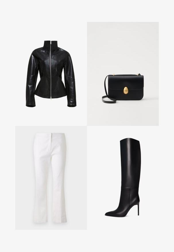 Schwarze Lederjacke mit hohem Kragen, Reißverschluss und figurbetontem Design. Verfügt über elegante, genähte Nähte und eine glatte, glänzende Textur.; Ärmelloses, hellgrünes Oberteil aus glattem Stoff, mit hohem Kragen und taillierter Silhouette. Keine sichtbaren Beschläge oder Muster.; Weiße, ausgestellte Hosen aus leichtem Stoff. Sie verfügen über einen flachen Frontbereich mit Reißverschluss und einer glatten Textur. Einfaches und sauberes Design.; Knöchelhohe schwarze Leder-Stiletto-Stiefel mit spitzem Zeh. Glatte Textur, strukturiertes Design und schmaler hoher Absatz. Keine sichtbaren Beschläge oder Muster.; Schwarze Lederhandtasche mit strukturierter rechteckiger Form. Verfügt über einen goldenen ovalen Verschluss und einen dünnen Schulterriemen. Glatte Textur.