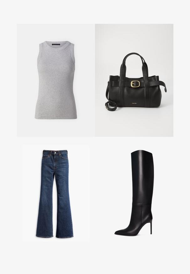 Schwarze Lederjacke mit hohem Kragen, Reißverschluss und figurbetontem Design. Verfügt über elegante, genähte Nähte und eine glatte, glänzende Textur.; Graues ärmelloses Tanktop aus geripptem Stoff. Verfügt über einen runden Halsausschnitt und eine körperbetonte Form. Einfaches Design, keine sichtbaren Muster oder Akzente.; Hochtaillierte dunkelblaue Jeans mit ausgestellten Beinen, Vorderknopf- und Reißverschluss sowie Fünf-Taschen-Design.; Knöchelhohe schwarze Leder-Stiletto-Stiefel mit spitzem Zeh. Glatte Textur, strukturiertes Design und schmaler hoher Absatz. Keine sichtbaren Beschläge oder Muster.; Schwarze Lederhandtasche mit strukturiertem Design, doppelten oberen Griffen, goldfarbenem Schnallenakzent und geprägtem Markenlogo auf der Vorderseite.
