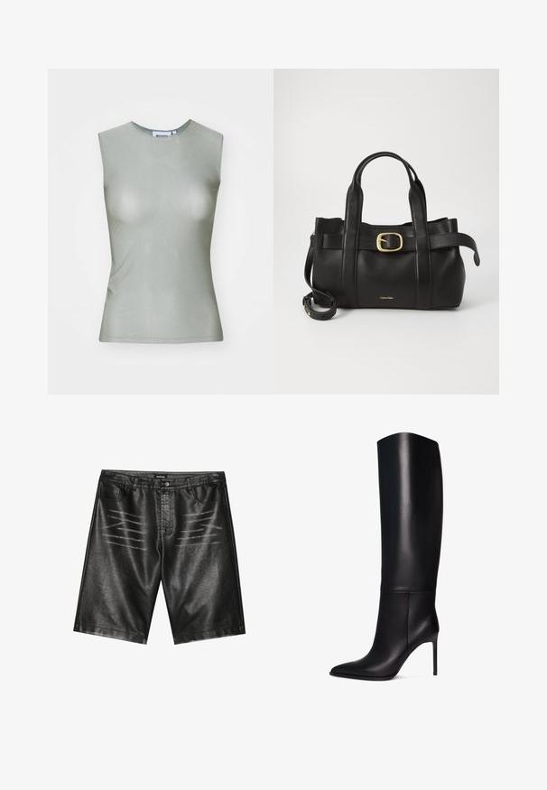 Schwarze Lederjacke mit hohem Kragen, Reißverschluss und figurbetontem Design. Verfügt über elegante, genähte Nähte und eine glatte, glänzende Textur.; Ärmelloses, hellgrünes Oberteil aus glattem Stoff, mit hohem Kragen und taillierter Silhouette. Keine sichtbaren Beschläge oder Muster.; Schwarze Shorts aus Kunstleder mit glatter Textur, fünf Taschen und subtilen Streifenakzenten auf der Vorderseite. Klassisches gerades Design.; Knöchelhohe schwarze Leder-Stiletto-Stiefel mit spitzem Zeh. Glatte Textur, strukturiertes Design und schmaler hoher Absatz. Keine sichtbaren Beschläge oder Muster.; Schwarze Lederhandtasche mit strukturiertem Design, doppelten oberen Griffen, goldfarbenem Schnallenakzent und geprägtem Markenlogo auf der Vorderseite.