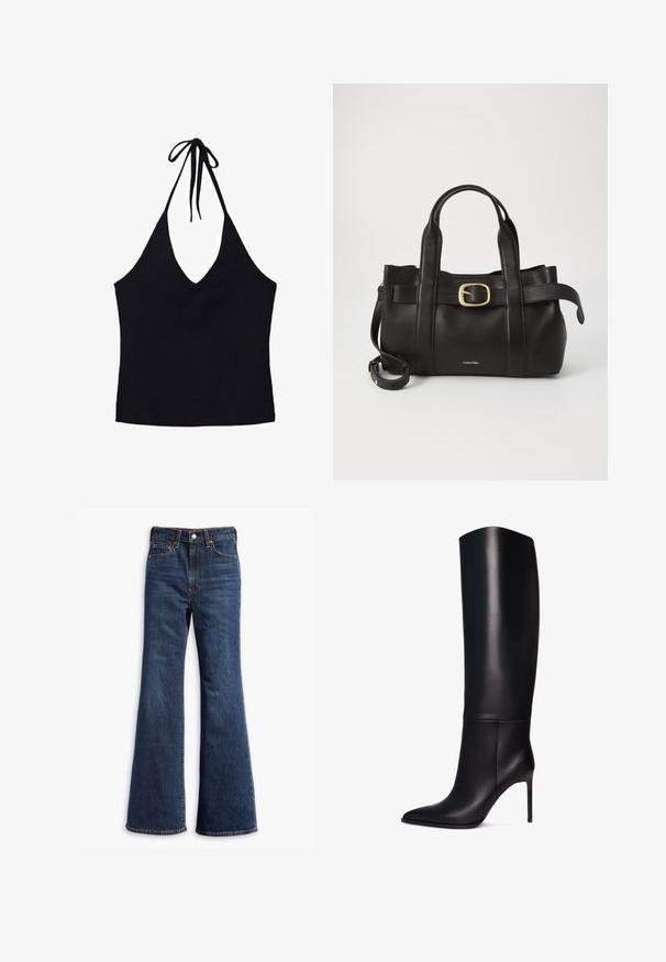 Czarna skórzana kurtka z wysokim kołnierzem, zamkiem błyskawicznym i dopasowanym krojem. Charakteryzuje się eleganckimi, panelowymi szwami oraz gładką, błyszczącą teksturą.; Czarny top na szyi wykonany z prążkowanej tkaniny, z głębokim dekoltem w kształcie litery V i regulowanym zapięciem na szyi. Dopasowany krój bez dodatkowych detali.; Jeansy z wysokim stanem w ciemnoniebieskim kolorze, z rozszerzanymi nogawkami, zapinane na guzik i zamek, z pięcioma kieszeniami.; Czarne skórzane botki na obcasie typu stiletto do kolan z szpiczastym noskiem. Gładka faktura, zorganizowany design i smukły, wysoki obcas. Brak widocznych elementów metalowych lub wzorów.; Czarna skórzana torebka o zorganizowanej konstrukcji, z podwójnymi uchwytami u góry, akcentem w postaci złotego zapięcia oraz wytłoczonym logo marki z przodu.