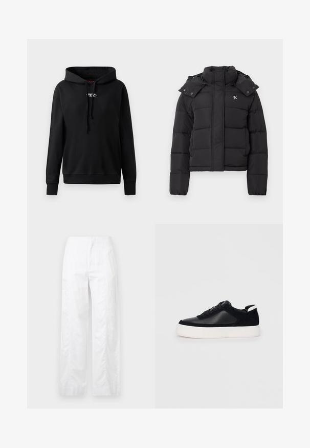 Fekete puffdzseki magas gallérral, levehető kapucnival, patentgombokkal, és kis fehér "CK" logóval a bal mellrészen.; Puhány anyagból készült fekete kapucnis pulóver. Elöl kenguru zsebbel, állítható zsinóros kapucnival és ezüst színű logóval a mellrészen.; Fehér, széles szárú nadrág könnyű anyagból, sima textúrával, letisztult vonalakkal és magasderék kialakítással.; Fekete sportcipő sima bőrből és velúr panelekkel, lapos fűzőkkel, kerek orral és fehér gumi talppal. Megkülönböztető logó a sarkán.