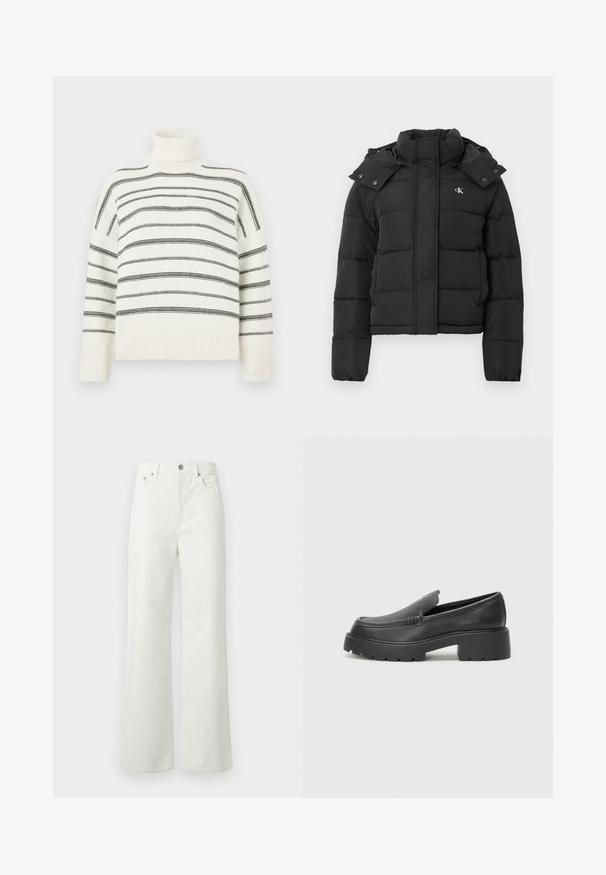 Mustmust pusa, millel on kõrge krae, eemaldatav kapuuts, milles on pressnupud, ja väike valge "CK" logo vasakul rinnaosas.; Valge kõrge kaelusega sviiter mustade horisontaalsete triipudega. Omab soonikuga kaela- ja küünarnukkide osi. Pehme tekstuur, lõdvalt istuv ja kudumise disain.; Samsøe Samsøe SHELLY - Avar lõikega teksad - clear cream; Mustad nahast loafers ümarate varvastega, paksu tekstuuriga tald ja minimaalsete õmbluse detailidega. Viimistletud disain, kus pole nähtavaid paelu ega riistu.