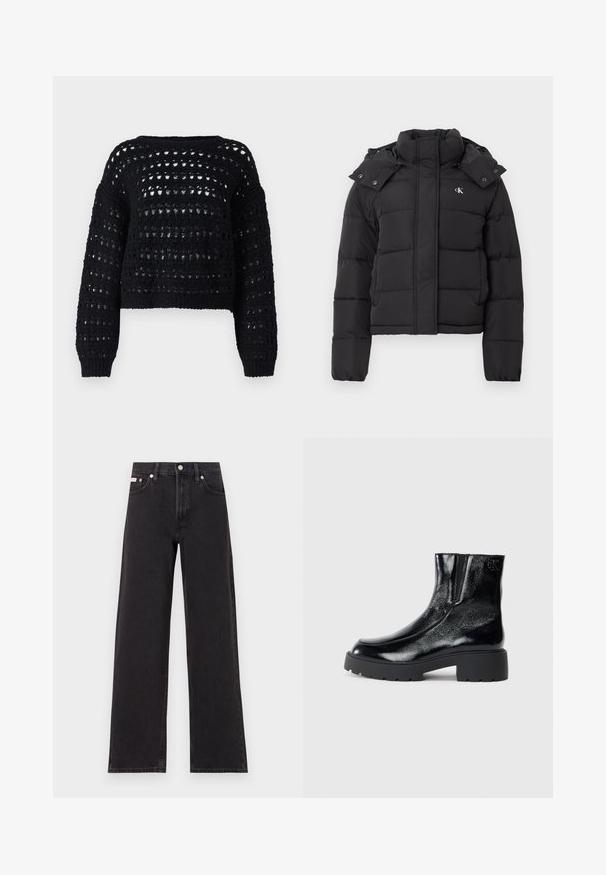 Jachetă puffer neagră cu guler înalt, glugă detașabilă cu capse și mic logo alb "CK" pe pieptul stâng.; Pulover negru din croșetat cu un model deschis, gros, mâneci late și un design scurt. Tiv și mansete cu model în relief.; Jeanși negri cu picioare largi, fabricați din denim, cu talie înaltă, stil cu cinci buzunare și închidere cu nasture metalic, cu cusături contrastante.; Botine negre până la gleznă, cu un finisaj de piele lacuită strălucitoare, talpă de cauciuc neagră masivă și toc înălțat; include detalii subtile cu logo pe lateral.