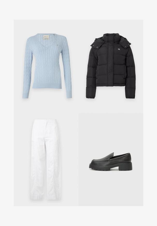 Casaco acolchoado preto com gola alta, capuz destacável com botões de pressão e pequeno logótipo branco "CK" no lado esquerdo do peito.; Suéter de malha em formato de cabo, azul claro, com decote em V, mangas longas e punhos e barra canelados. Apresenta um pequeno logotipo no peito.; Calças brancas de perna larga feitas de um tecido leve, com uma textura suave, linhas limpas e um design de cintura alta.; Mocassins de couro preto com bico arredondado, sola espessa e texturizada, e detalhes de costura minimalistas. Design elegante sem atacadores ou ferragens visíveis.