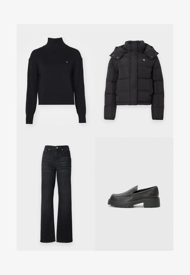 Melna pūkainā jaka ar augstu apkakli, noņemamu kapuci ar spiedpogām un mazu baltu "CK" logo kreisajā krūtī.; Melna adīta augstākā kakla džemperis ar ribotām piedurknēm un apakšmalu, uz krūtīm ir neliels izšūts logo. Saīsināts dizains.; Melni džinsu auduma platleņķa džinsi ar augstu jostasvietu, piecu kabatu dizainu un sudraba metāla pogu. Audumam ir gluda tekstūra un neliela stiepšanās.; Melnas ādas mokasīni ar noapaļotu purngalu, biezs teksturēts zoles un minimālas dūriena detaļas. Gluds dizains bez redzamām auklām vai metāla elementiem.