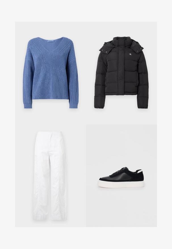Čierna páperová bunda s vysokým golierom, odopínacou kapucňou so zacvakávacími gombíkmi a malým bielym logom "CK" na ľavom hrudníku.; Modrá pletená mikina s výstrihom do V, s vertikálnym ryhovaním a jemným lesklým akcentom. Dlhé rukávy s voľným strihom.; Biele široké nohavice z ľahkej látky, s hladkou textúrou, čistými líniami a vysokým pásom.; Čierne tenisky s hladkou kožou a semišovými panelmi, plochými šnúrkami, zaoblenou špičkou a bielou gumovou podrážkou. Výrazné logo na päte.